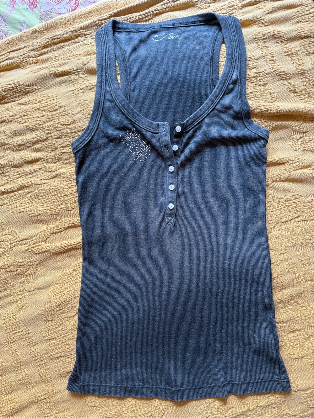 aerie Black Ribbed Henley Tank with Rhinestone Detail